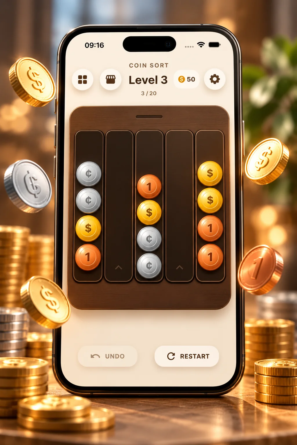 Coin Sort promotional preview showing Level 3 on a phone with gold, silver, and copper coins
