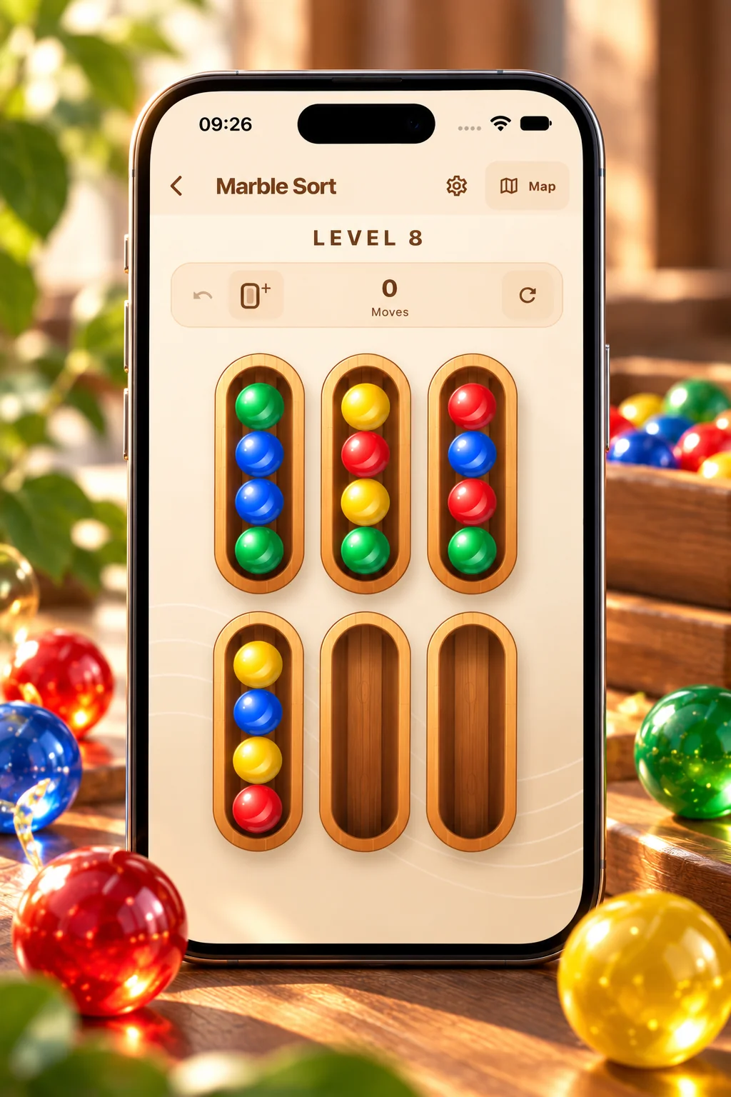 Marble Sort promotional preview showing Level 8 on a phone with colorful marbles in wooden slots