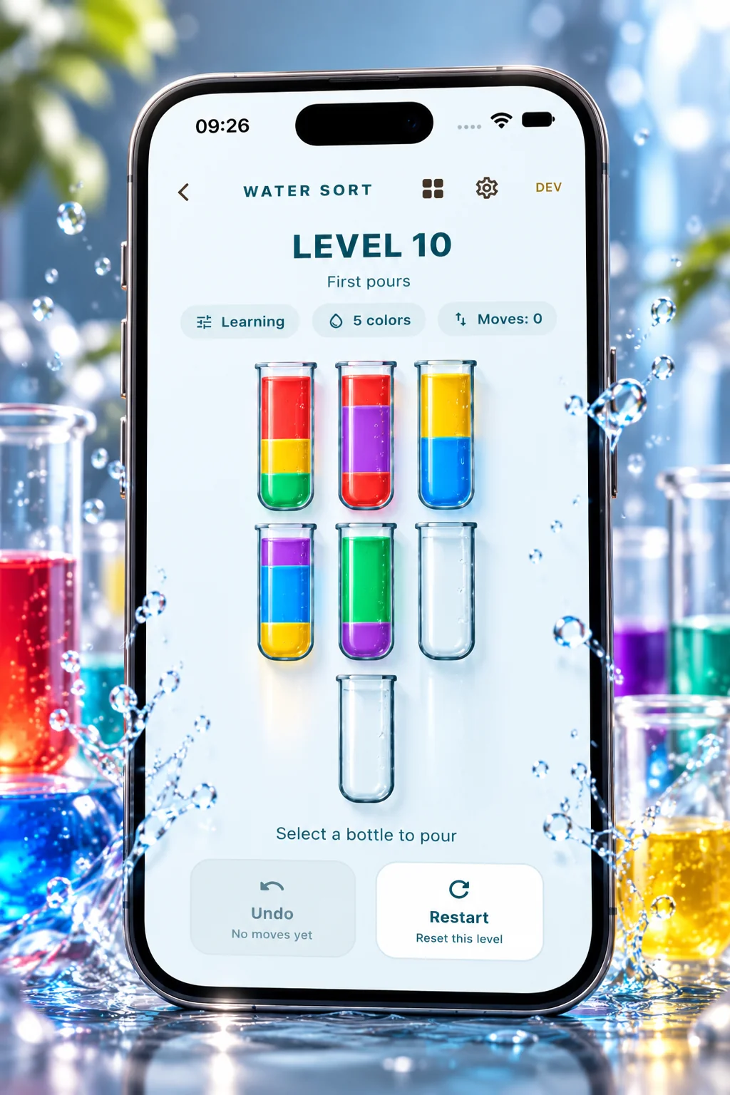 Water Sort promotional preview showing Level 10 on a phone with colorful bottles and water splashes